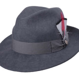 Dark grey wool felt fedora with dark band and feather detail on the side.