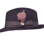 Wool felt fedora hat with feather side accent and ribbon band, dark color