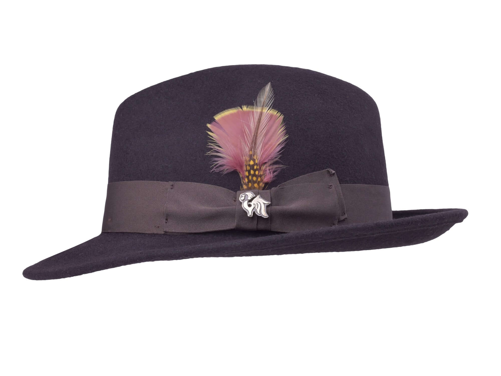 Wool felt fedora hat with feather side accent and ribbon band, dark color