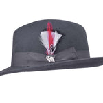 Dark grey wool felt fedora with red-white feather and small animal badge at band.