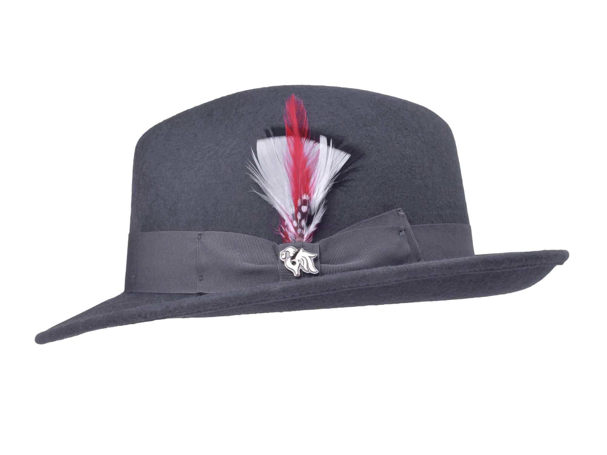 Dark grey wool felt fedora with red-white feather and small animal badge at band.