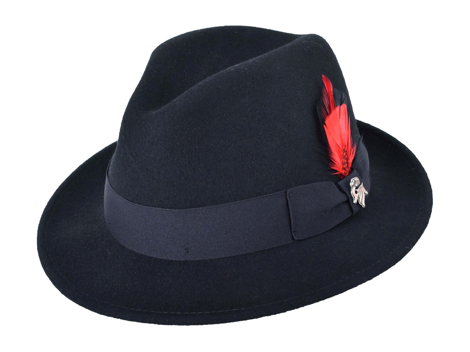 Black wool felt fedora side view with red feather accent and silver badge on band.