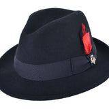 Black wool felt fedora side view with red feather accent and silver badge on band.