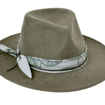Moss wool felt hat with wide tropical leaf-print band and bow-tie detail.