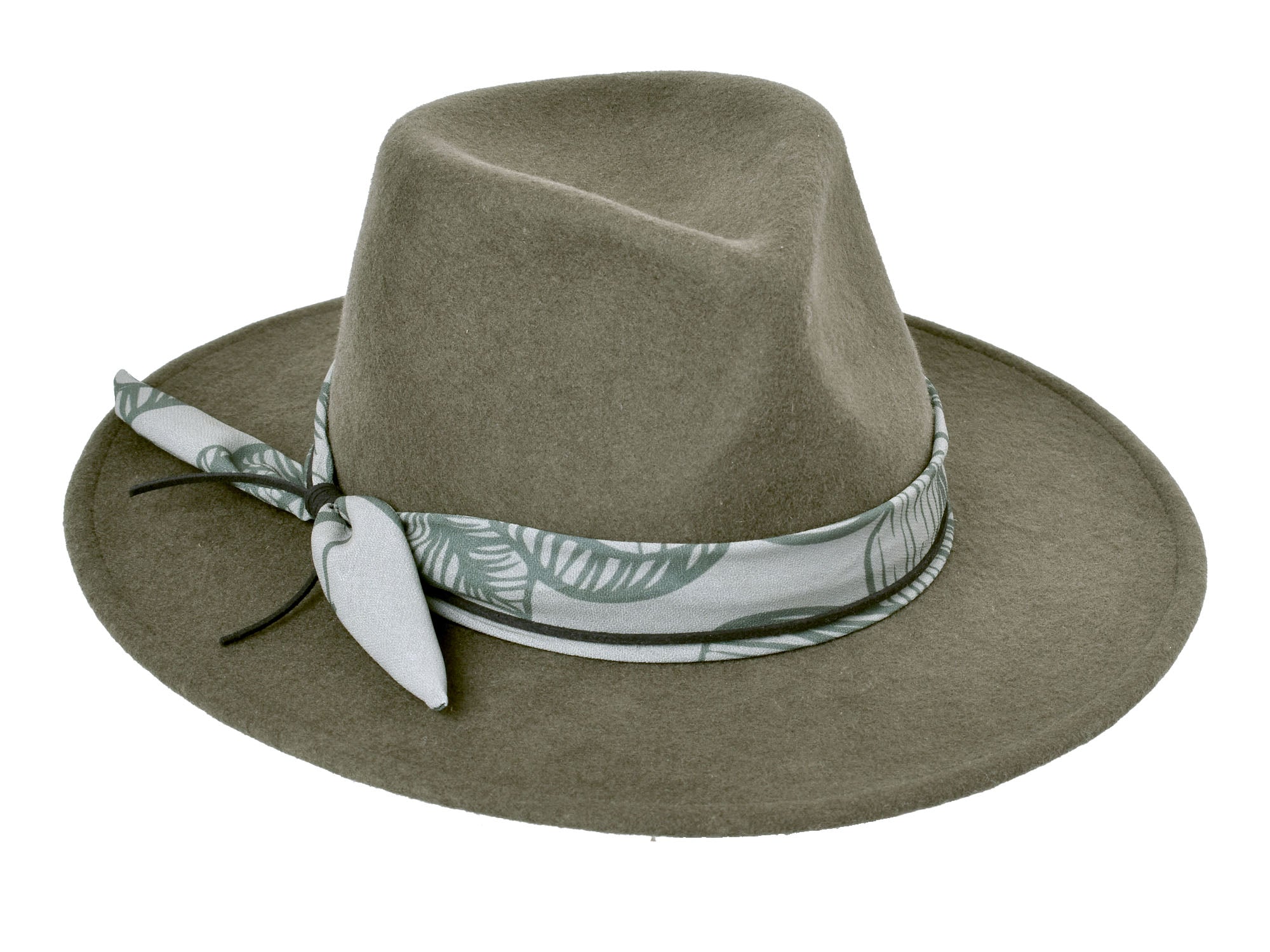 Moss wool felt hat with wide tropical leaf-print band and bow-tie detail.
