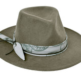 Moss wool felt hat with wide tropical leaf-print band and bow-tie detail.