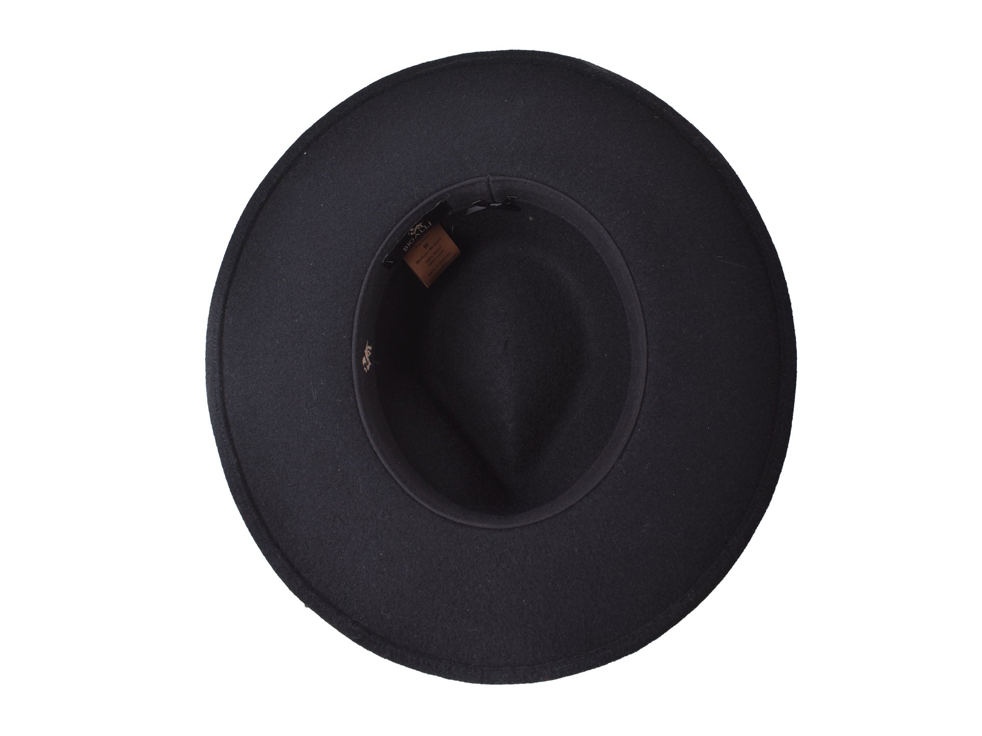 Black wool felt hat viewed from inside, with leather size label