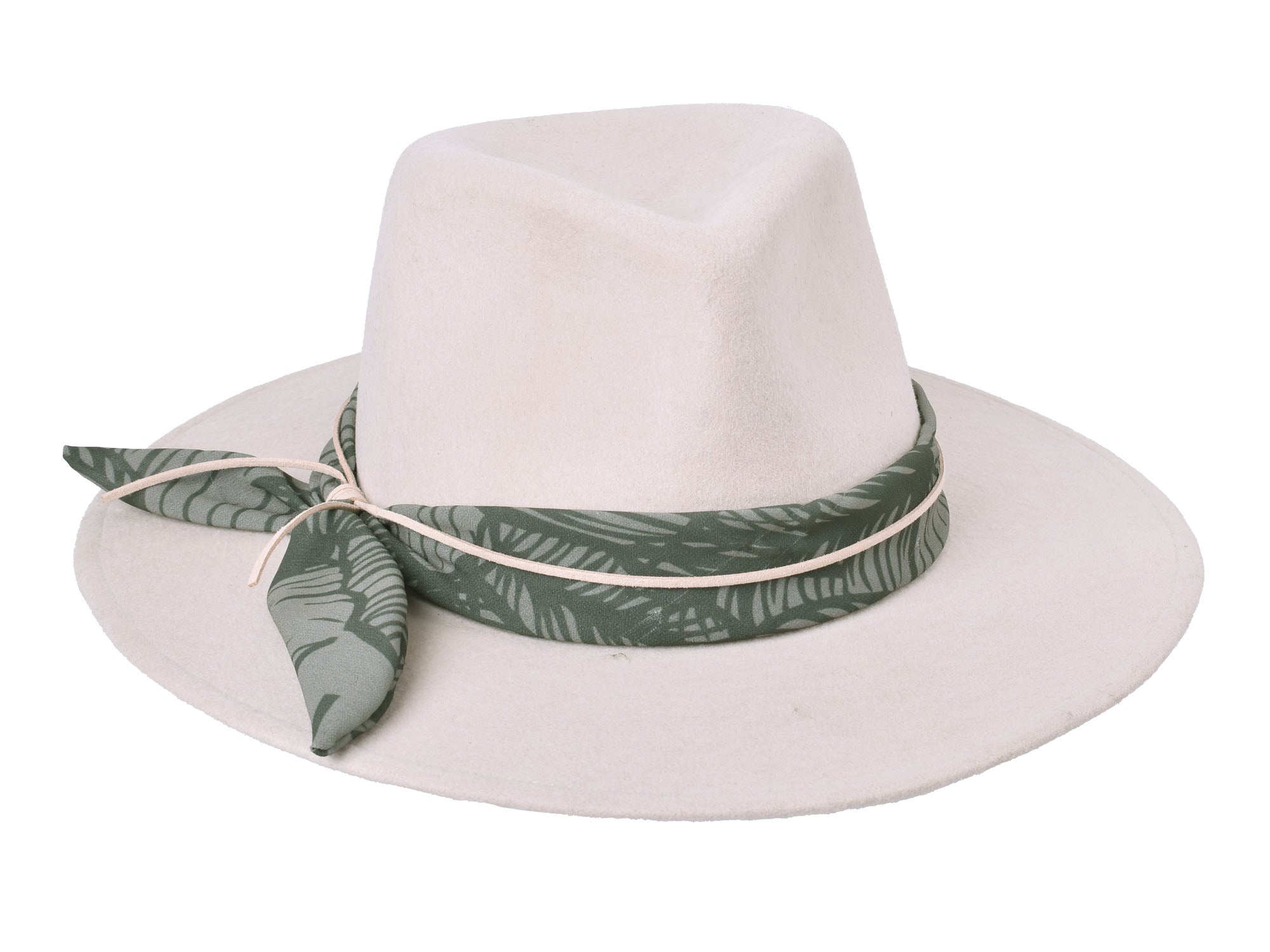Cream wool felt hat with wide tropical leaf-print band and side knot detail.