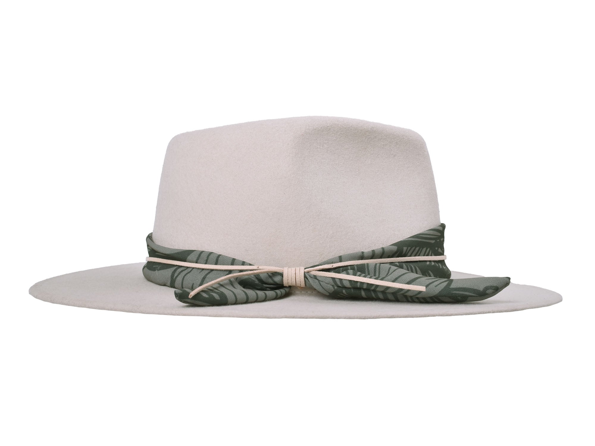 Cream wool felt hat with wide tropical leaf-print band tied in the center.