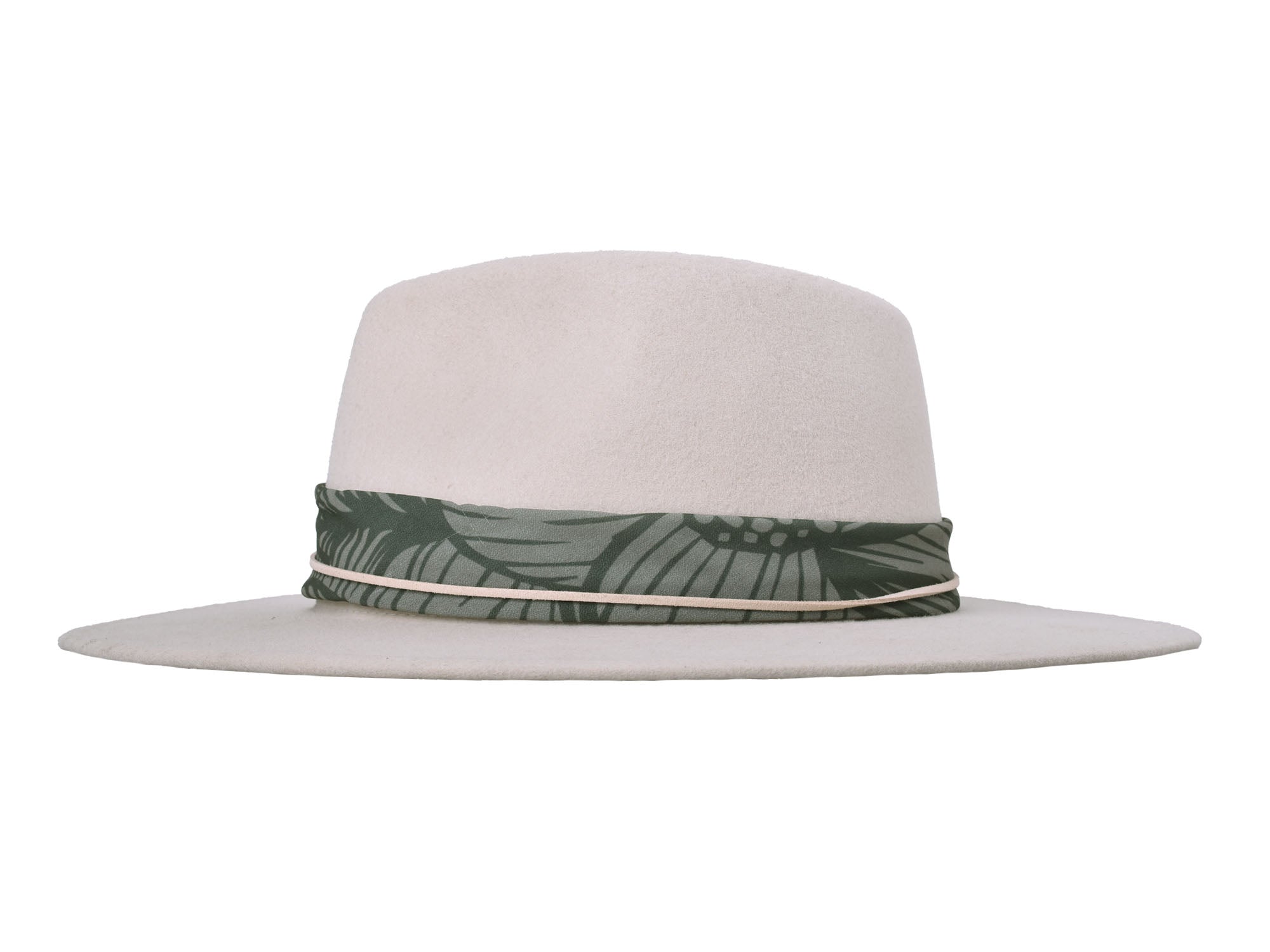 Cream wool felt hat with wide tropical leaf-print band around the crown.