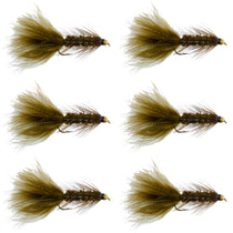 Set of streamer flies with olive-brown hackle, dark bead head, barbed hook