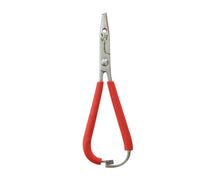 6-inch fishing pliers with red handles and metal spring jaw, open end visible