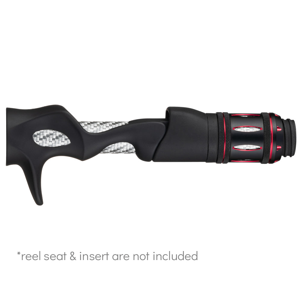 Black aluminum fishing reel nut with red accent ring and silver insert
