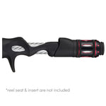 Black aluminum fishing reel nut with red accent ring and silver insert