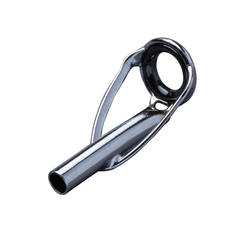 Fishing rod tip top with shiny black zirconia ring and silver tube