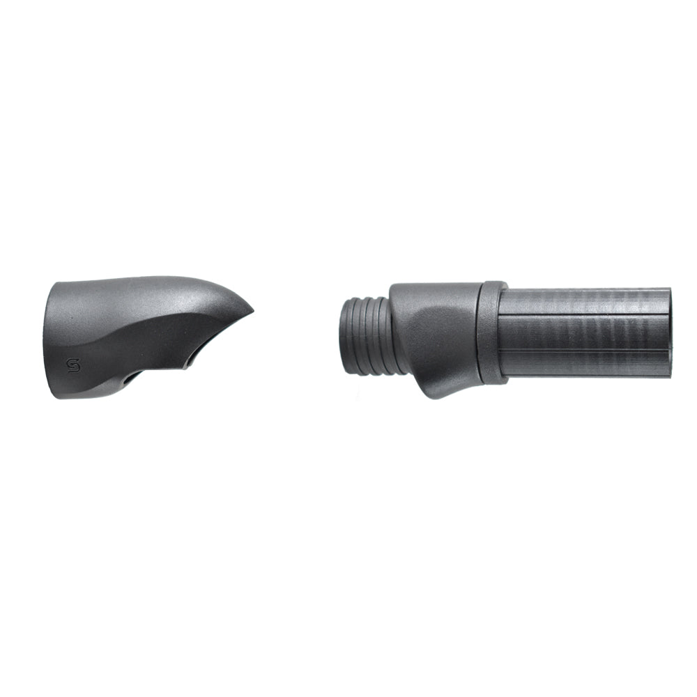 Spinning reel seat hood and nut, dark gray with knurled metal body and threads