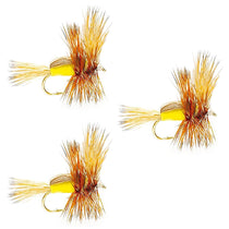 Yellow and orange hair wing dry fly with gold hook, size 12