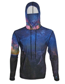 Dark blue/black graphic pullover hoodie with adjustable drawstring hood and long sleeves