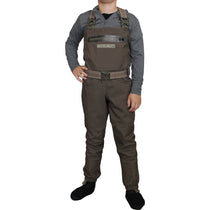 Kids chest waders in dark elk brown with front bib pocket and adjustable waist belt