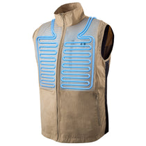 Sleeveless youth cooling vest, sand tan with blue ribbed cooling panel design