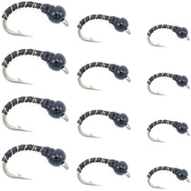Black zebra midge flies with bead head and barbed hook, assorted sizes