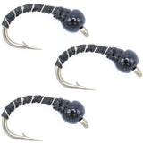 3 Pack Bead Head Black Zebra Midge Still Water Nymph Fly Hook Size 24
