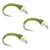 Three olive-green bead head midge flies with zebra-striped bodies and curved hooks