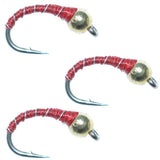 3 Pack Bead Head Red Zebra Midge Still Water Nymph Fly Fishing Fly Hook Size 18