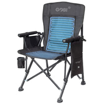 Dual-zoned cooling camp chair with blue mesh back and cup holder storage pockets