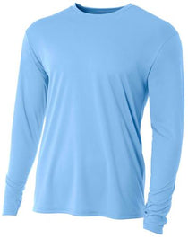 Light blue long sleeve performance shirt with crew neck and thumb-hole cuffs