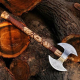 Mastercraft Battle Axe: Custom Handmade Engraved Double Blades with D2 Steel and Ash Wood Handle, Leather Wrap, and Sheath