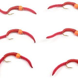 San Juan Worm Hot Orange Bead Power Worm  Red V-Rib - Set of 6 Nymph Flies Hook Size 14