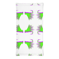 Bionic Caddis neck gaiter in white with green and purple feather pattern