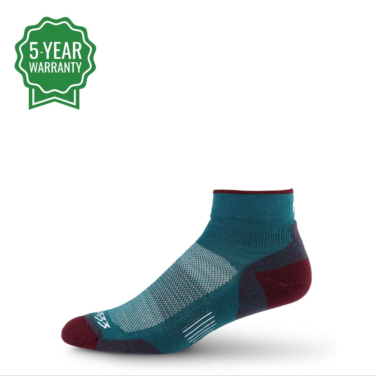 Merino wool trail running ankle socks in teal with dark red heel and toe