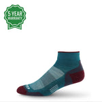 Merino wool trail running ankle socks in teal with dark red heel and toe