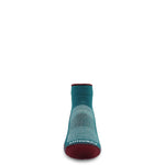 Merino wool trail running ankle socks, teal with dark red toe and logo on foot