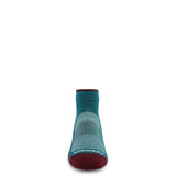 Merino wool trail running ankle socks, teal with dark red toe and logo on foot