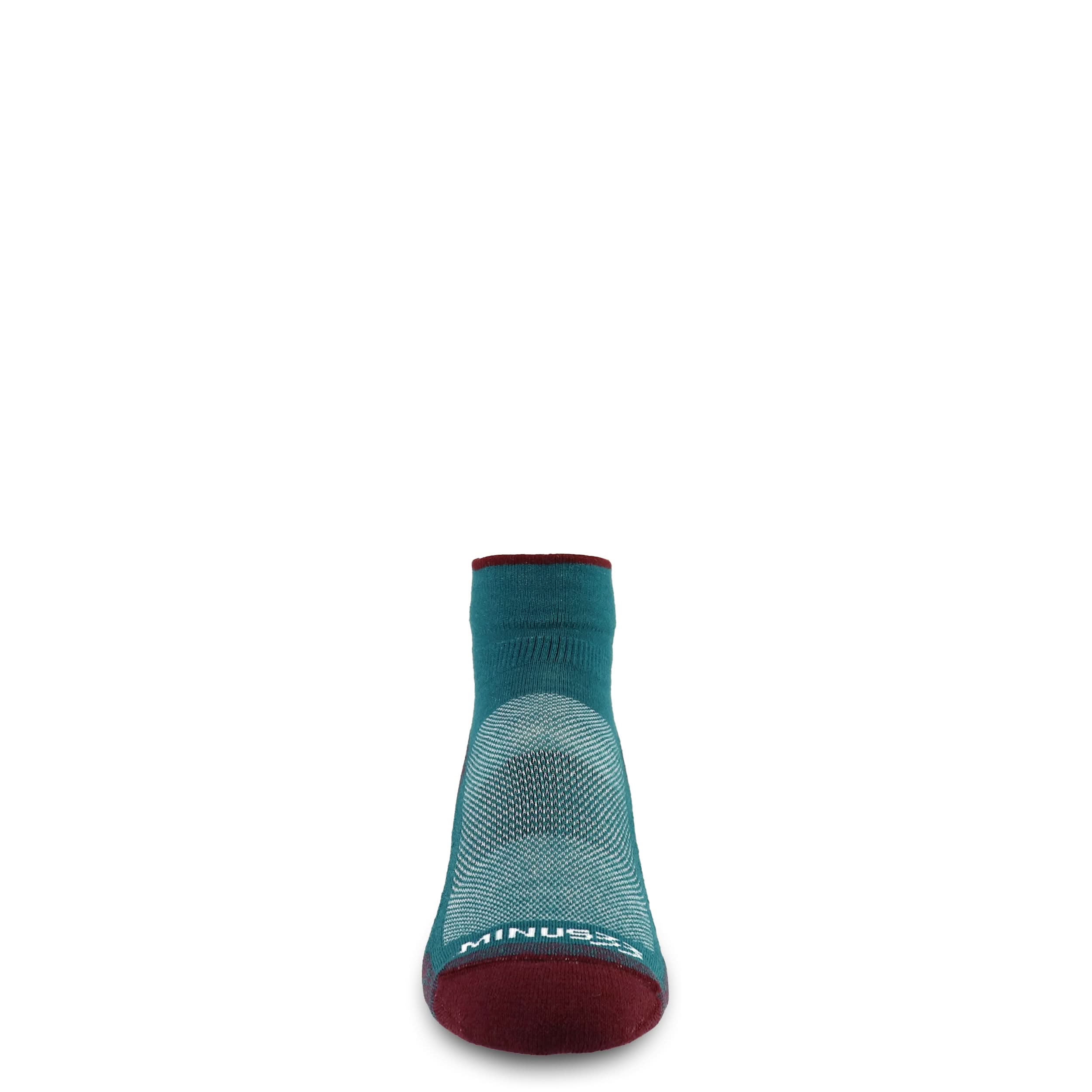 Merino wool trail running ankle socks, teal with dark red toe and logo on foot
