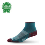 Teal micro ankle running sock with burgundy toe and heel accents