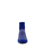 Blue micro ankle running sock with gray knit pattern at the arch and heel