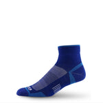 Blue micro ankle running sock with gray check panel and lighter toe stripe