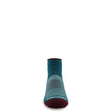 Teal micro ankle running sock with maroon heel and toe; cushioned knit panel