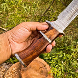 14-Inch Twist Damascus Steel Hunting Bowie Knife | Handcrafted with Rosewood Handle & Leather Sheath | KBS Knives