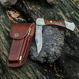 Custom Handmade Damascus Pocket Knife – 3" Blade with Leather Case
