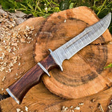 14-Inch Twist Damascus Steel Hunting Bowie Knife | Handcrafted with Rosewood Handle & Leather Sheath | KBS Knives