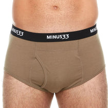 Men's wool briefs, tan color, MINUS33 logo waistband, front view
