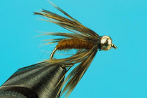 Beadhead fly lure with tan brown feather wings and gold bead head