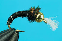 Beadhead chironomid pupa fly with black segmented body and golden bead
