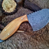 Raindrops Damascus Steel Gut Hook Skinning Knife – 9 Inch Overall Length with Olive Wood Handle