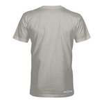 Gray T-shirt, back view with small logo near bottom hem